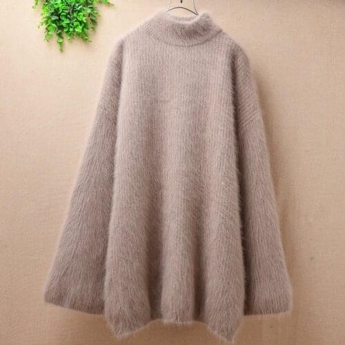 Womens regular Plush Angora rabbit hair knitting loose long sleeve turtleneck sable cashmere long sleeve Pullover