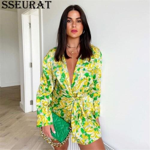 SSEURAT Women Mini Dress Floral Print Lapel Tie Loose Shirt Dress Autumn Fashion Streetwear