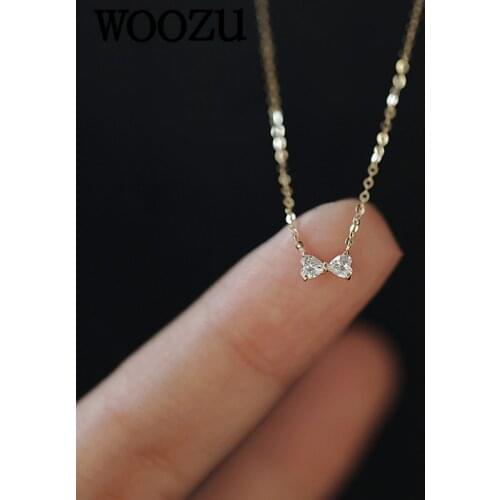 WOOZU 925 Sterling Silver Romantic 14k Gold Plated Shiny Zircon Bow Love Chain Necklace for Women Teen Charming Party Jewelry
