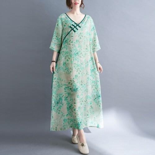 Thin Soft Cotton Linen Beading Vintage Chinese Style Dress Robes 2021 New Arrival Women Holiday Travel Casual Summer Dress