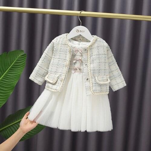 Winter Baby Girls Sweet Bow Princess Dress+ Lattice Coat Two Pieces Of Gauze Dress Suit Kids