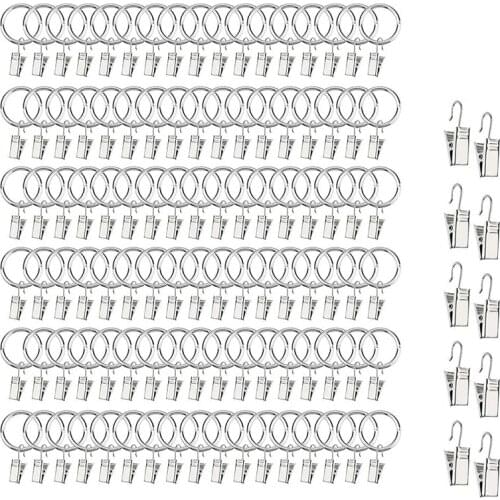 100 PCS Curtain Ring with Clip and 10 Pcs Clip, 1 Inch (2.54 mm) Metal Decorative Silver Curtain Window Ring