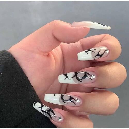 24pcs Coffin Nail Patch Glue Type Removable Long Paragraph Fashion Manicure Save Time False Nails Patch Uñas Postizas Наклейки
