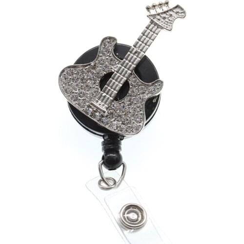 50 pcs/lot free shipping Fashion Crystal Rhinestone Guitar Retractable ID Badge Reel
