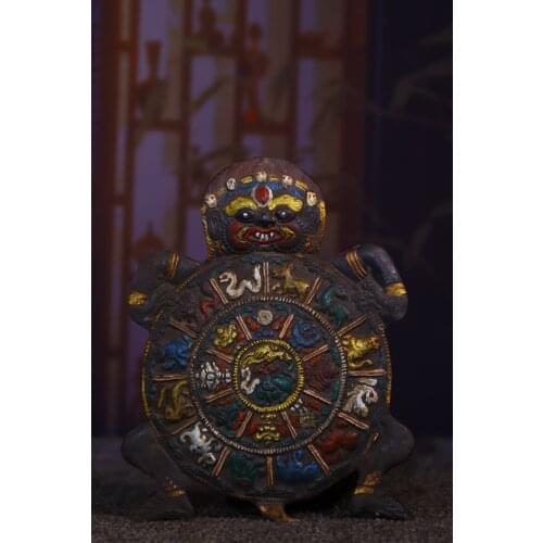 7"Tibet Temple Collection Old Bronze Tracing Mahakala Turtle shape Amulet Pendant Gossip card Town House Exorcism