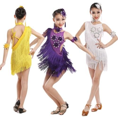 Children latin costume dance dress for girl green white stage performance ballroom competition dancewear costume outfits