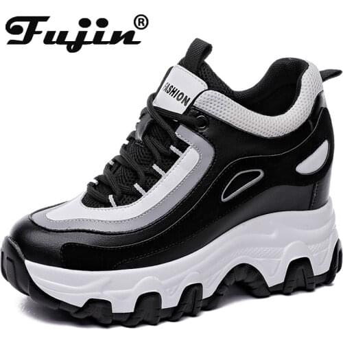 Fujin 9cm Genuine Leather Platform Wedge Hidden Heel Women Casual Shoes Chunky Sneakers Za Ins Fashion Winter Warm Sneakers Boot