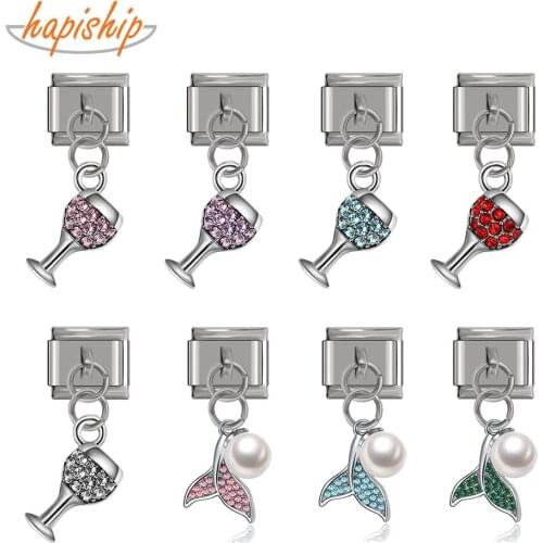 Hapiship 2021 Original Daisy Fashion Wine Glass Fishtail CZ Charm Links Fit 9mm Bracelet Stainless Steel Jewelry Making DJTop45