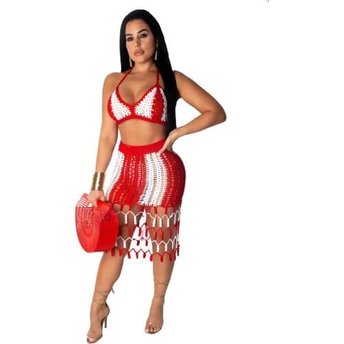 JRRY Sexy Tassel Women Knitted Skirt Set Spaghetti Strap Knit Skirt Suit Crocheted Women Beach Wear Two Pieces Crochet Beach Set