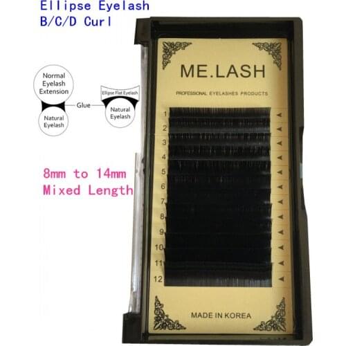 ME.LASH 2 Trays Mixed Size B/C/D Curl 0.07mm Thickness Lightweight Flat Ellipse Eyelashes 8mm to 14mm Mixed