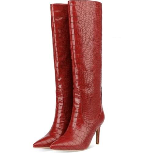 Fashion Women Snakeskin High Heel Leather Boots Shoes Plus-Size Female Knee-High Boots Solid Color Pointed Toe