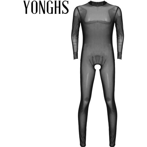 Mens Exotic Lingerie Leotard Bodystocking See Through Mesh High Neck Porn Costume Crotchless Zipper Back Slim Romper Bodysuit