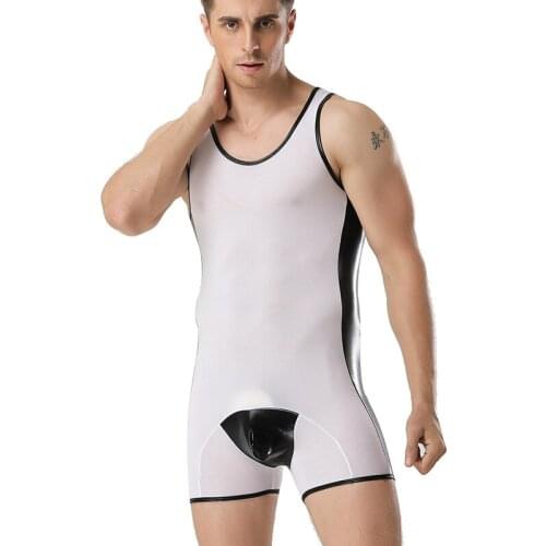 Men Sexy Solid Ice Silk Bodybuilding Gay Penis Pouch Jumpsuit Casual Shaper Underwear Shapewear Male Bodysuit