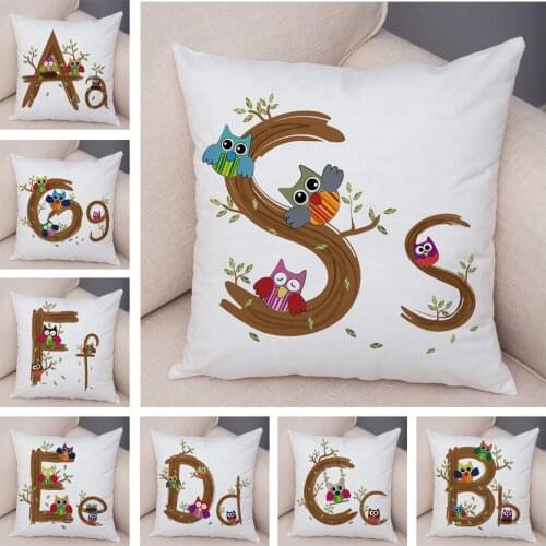 Owl Letter A-Z Pillow Case for Sofa Home Children Room Decor Cartoon Tree Cushion Cover Soft Plush Geometric Pillowcase 45x45cm