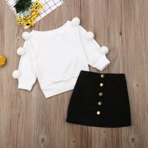1-6Y Autumn Toddler Baby Kids Girls Clothes Sets Long Sleeve Hairball Knit Tops Sweater+Button Mini Skirt Warm Outfits Sets
