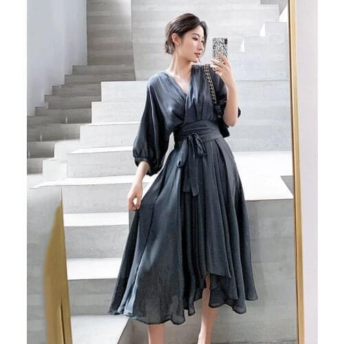 Elegant Summer Dress Satin Smoke Grey Surplice Wrap Knot Half Sleeve High Waist Party Dresses Women Clothes 2019 Autumn