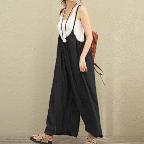 S-5XL Plus Size Women Casual Overalls Cotton Linen Wide Leg Pants Vocation Dungarees Jumpsuits Long Trousers Rompers