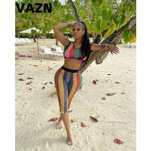 VAZN Sexy women 2020 summer colorful hollow out 2-piece set short waistcoat top mid pants set sexy girlcasual sport special set