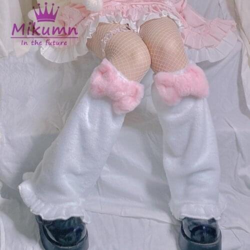 Japanese Harajuku Style Girls Sweet Pink Bow Leg Warm Socks Lolita Cute Winter Velvet Foot Warmer Socks