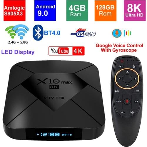 X10 MAX 8K TV BOX Amlogic S905X3 4G RAM 128GB ROM Android 9.0 5G Dual WIFI USB 3.0 BT4.0 LED Display HDR H.265 8K Set Top Box