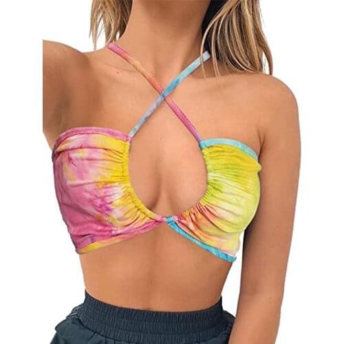 Women Tie-Dye Print Passion Solid Crop Tops Tank No Steel Ring Crisscross Strappy Bow Frenulum Sexy Hollow Out Top Топ Женский