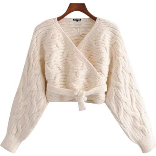 2021 Spring White Wrap Tied Hem Cropped Cable-Knit Cardigan Sweater V Neck Office Lady Long Sleeve Female Outerwear Chic Tops OL