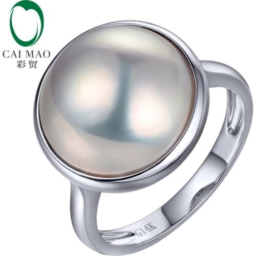 Caimao 15mm Round Mabe Pearl Smooth Bezel 14k White Gold Engagement Ring For Women