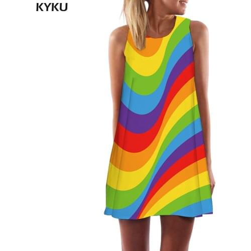 KYKU Rainbow Dress Women Colorful Boho Psychedelic Korean Style Graffiti Tank Dizziness Vestido Sexy Womens Clothing Casual