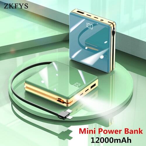 ZKFYS Power Bank 12000mAh Portable Charging Poverbank Mobile Phone LED Mirror Mini Power Bank External Battery Charger Powerbank
