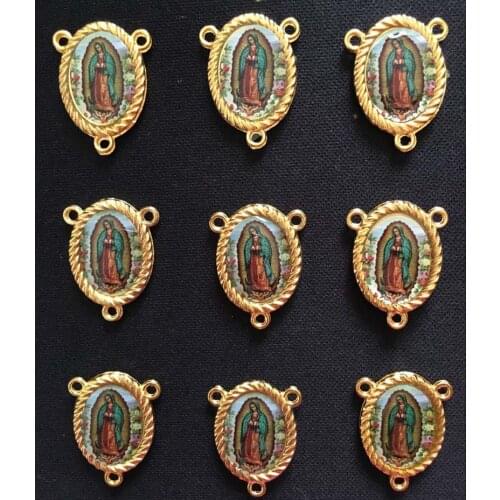 10PCS/lot Gold Rosary Centers Centerpiece Saints Image Sticker Catholic Medal Jesus Mary Holy Family Religious Connector