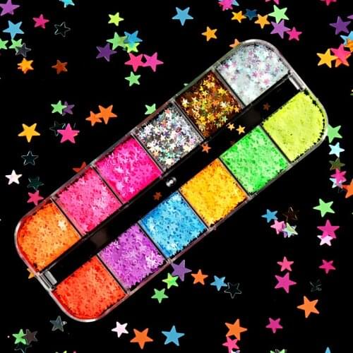 12 Grid/Box Fluorescence Sparkly Sweet Love Heart Glitter 3D Colorful Nail Art Sequins Slices Flakes Polish Manicure Decorations