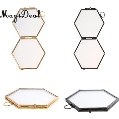 2pcs Vintage Hexagon Metal & Glass Picture Photo Frame Hanging Frame Black+Copper