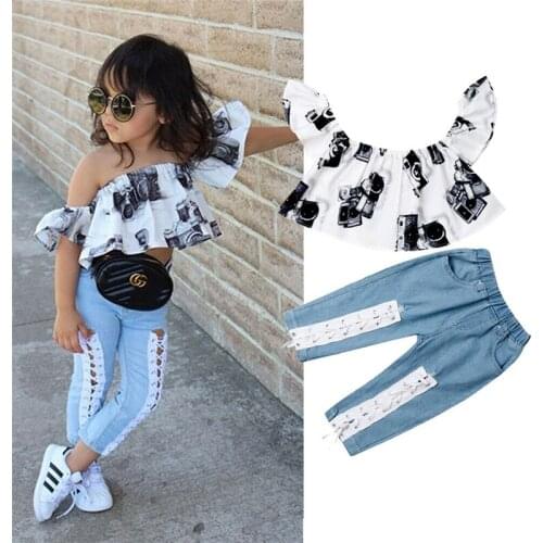 2020 Fashion Toddler Kid Baby Girl Off Shoulder Crop Top Shirt Bandage Hollow Denim Pants Trousers Outfit Clothes Set 3-8Y
