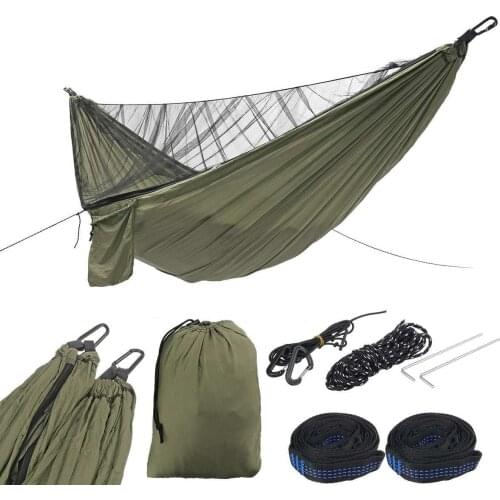 Car Green Double Camping Hammock with Mosquito Net Outdoor High Strength Fabric Hanging Bed Sleeping Swing