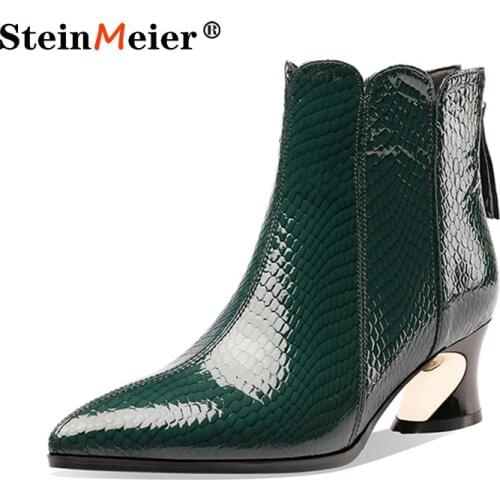 Winter Boots Women Genuine Leather Ankle Ladies Point Toe Short Boots Slip On Zipper Shoes 2021 Black Woman Thick Heel Boots