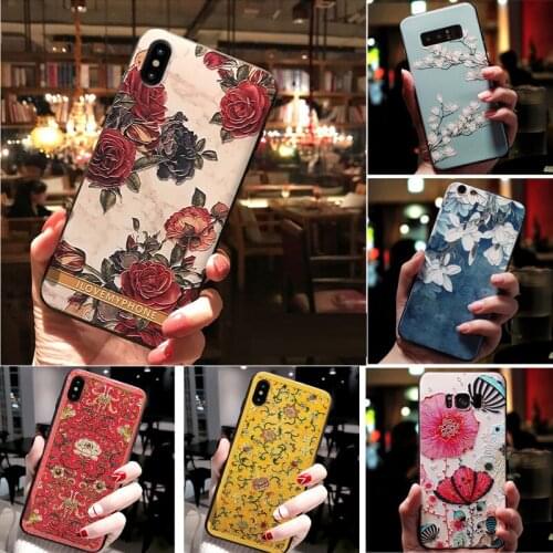 Coque Capas For Samsung Galaxy S10 S10e S10 Plus Case Silicone Black Bumper 3D Emboss Flower Cover For Samsung A9 A8 A6 A7 2018