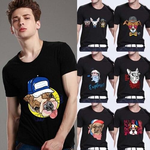 Mens T-shirt Casual Fashion Funny Cartoon Cute Dog Print Pattern Series T-shirt Top O-Neck Slim Commuter Black Soft Mens Shirt