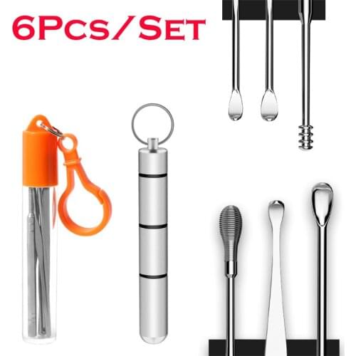 6Pcs/set Ear Wax Pickers Stainless Steel Spiral Earpick Wax Remover Curette Ear Pick Cleaner Ear Spoon Care Ear Cleaning Tools