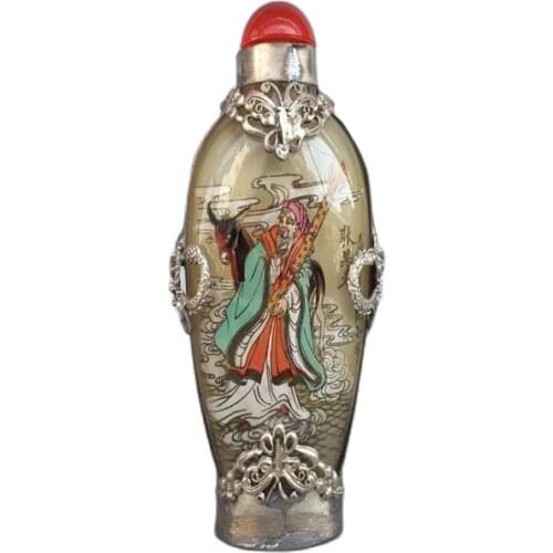 Chinese old beijing glass built-in painting snuff bottle Tibetan silver mosaic glass Characters pattern zhangguolao