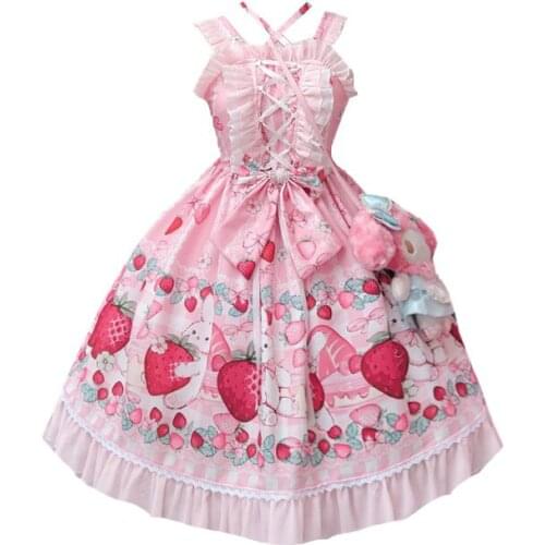 Sweet lolita dress vintage falbala bowknot cute printing high waist princess victorian dress kawaii girl gothic lolita jsk loli
