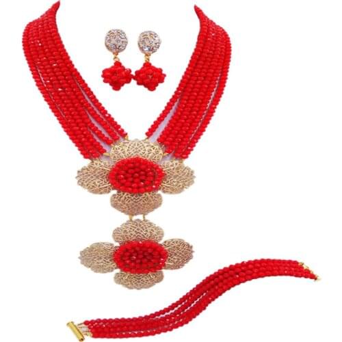 Opaque Red African Jewelry Set Nigerian Necklace Crystal Beads Wedding Accessories Party Jewelry Gifts 6LDH05