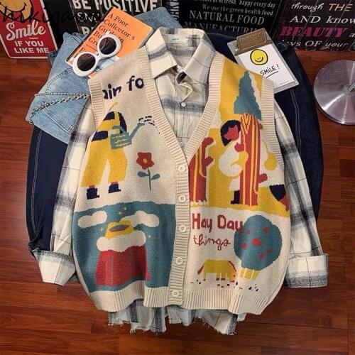 Hikigawa Autumn Preppy Style Sweater Cardigan Vest Women Vintage Japanese Loose Outer Wear Tank Tops Knitted Jacquard Waistcoat