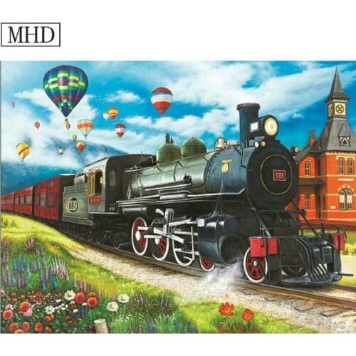 Needlework 5d diy diamond painting train with hot air balloon icon crystal mosaic home decor full square dill handmade artwork