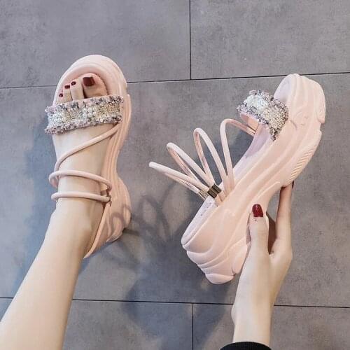 Rome Luxury Designer Pearl Sandals Women Fashion Chunky Platform Wedges Pink Outdoor Shoes Harajuku Summer Open-toed Sandals