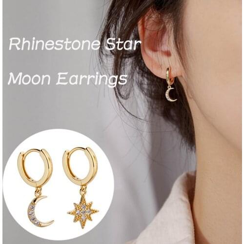 2021 New Gold Hanging Stud Earrings For Women Rhinestone Crystal Star Moon Earrings Charm Studs Earring Pendientes