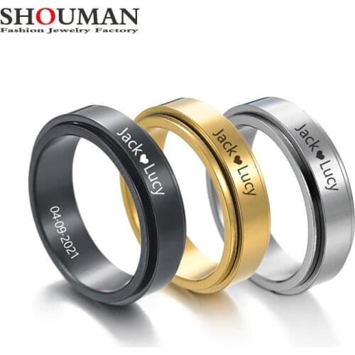 SHOUMAN Personalized Custom Name Spinner Rotatable Ring 316L Stainless Steel for Men Women 6mm Lover Couple Charm Jewelry