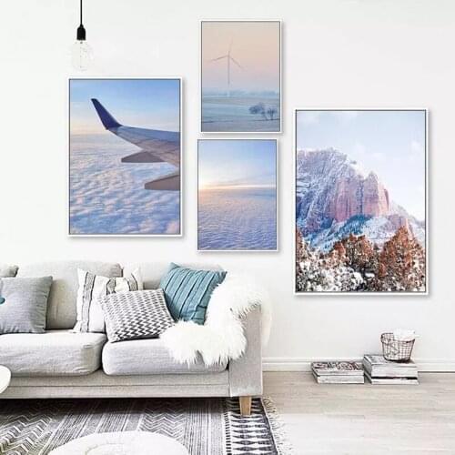 Snow Mountain Airplane Cloud Sea Landscape Canvas Painting Fresh Poster Wall Art Print Pictures for Living Room Home Decor