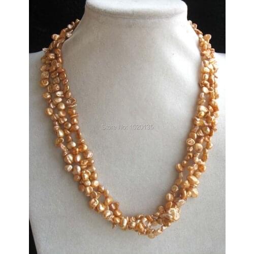 Wow! 3rows freshwater pearl orange red reborn keshi 5-9mm necklace 17" nature wholesale beads baroque unique