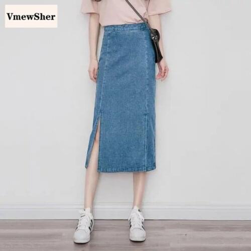 VmewSher New Vintage Autumn Women Denim Skirt Mid-calf Long Ladies Elegant Split Hem Jean Skirts Casual High Waist Irregular