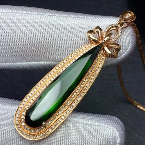 Fine Jewelry Real 18K Gold 100% Natural Green Tourmaline 9.6ct Female Diamonds Gemstone Diamond Womens Pendants Necklaces